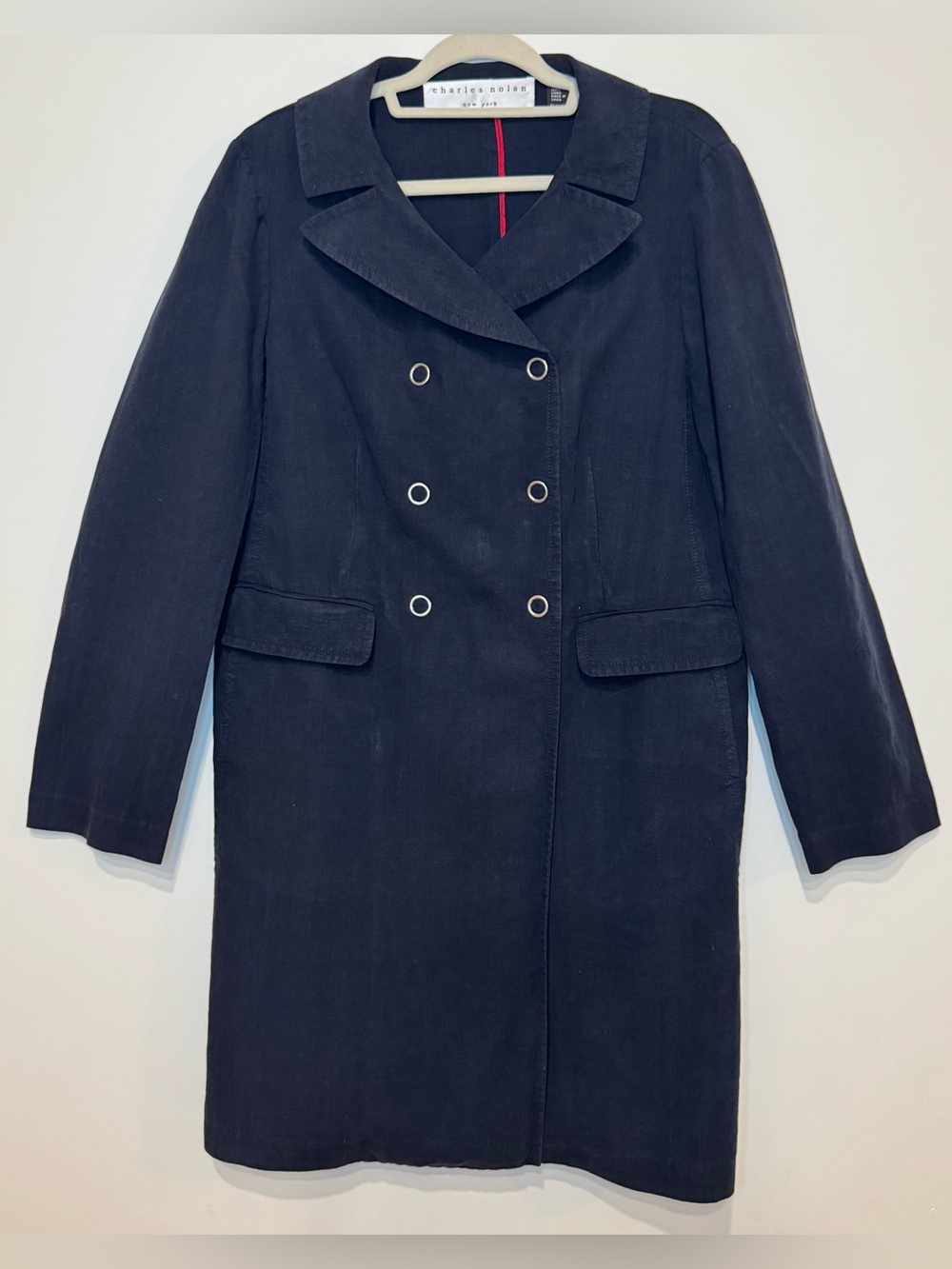 Charles Nolan New York Women’s Navy Double-breasted 100% Linen Coat Size 12
